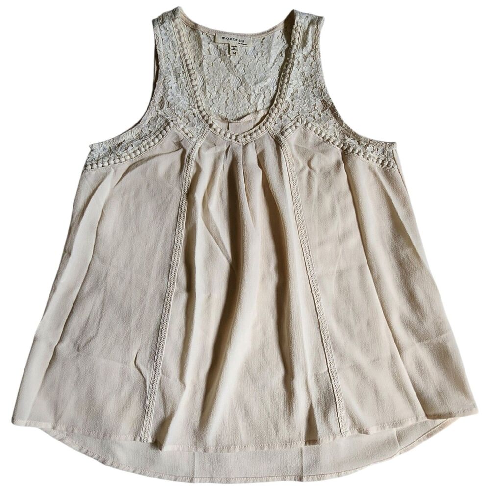 Monteau Cream Lace Yoke Pintuck Sleeveless Top Sz M